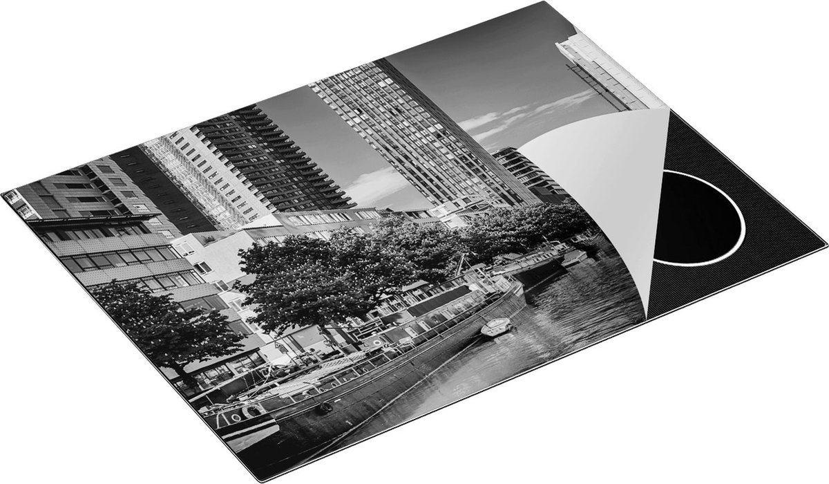 Chefcare Inductie Beschermer Rotterdamse Gracht met Boten - Zwart Wit - 70x52 cm - Afdekplaat Inductie - Kookplaat Beschermer - Inductie Mat