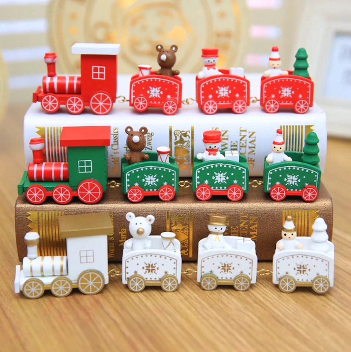 Houten kersttrein 4-delig: natuurlijke kerstdecoratie trein met