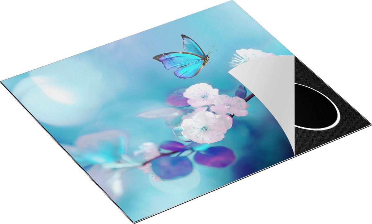 Chefcare Inductie Beschermer Blauwe Vlinder bij een Roze Bloem - 60x52 cm - Afdekplaat Inductie - Kookplaat Beschermer - Inductie Mat