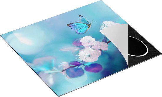 Chefcare Inductie Beschermer Blauwe Vlinder bij een Roze Bloem - 60x52 cm - Afdekplaat Inductie - Kookplaat Beschermer - Inductie Mat