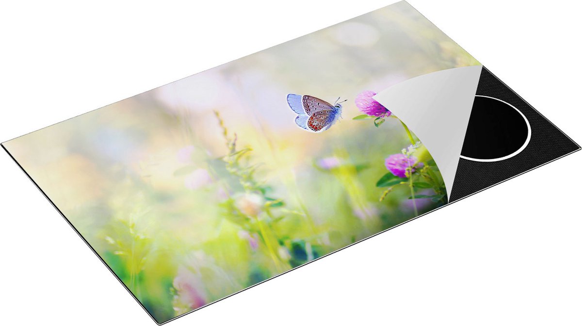 Chefcare Inductie Beschermer Blauwe Vlinder bij een Paarse Bloem - 85x52 cm - Afdekplaat Inductie - Kookplaat Beschermer - Inductie Mat