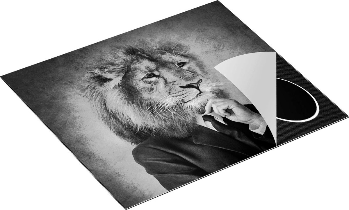 Chefcare Inductie Beschermer Leeuw in Pak - Leeuwenkop - Zwart Wit - 60x55 cm - Afdekplaat Inductie - Kookplaat Beschermer - Inductie Mat