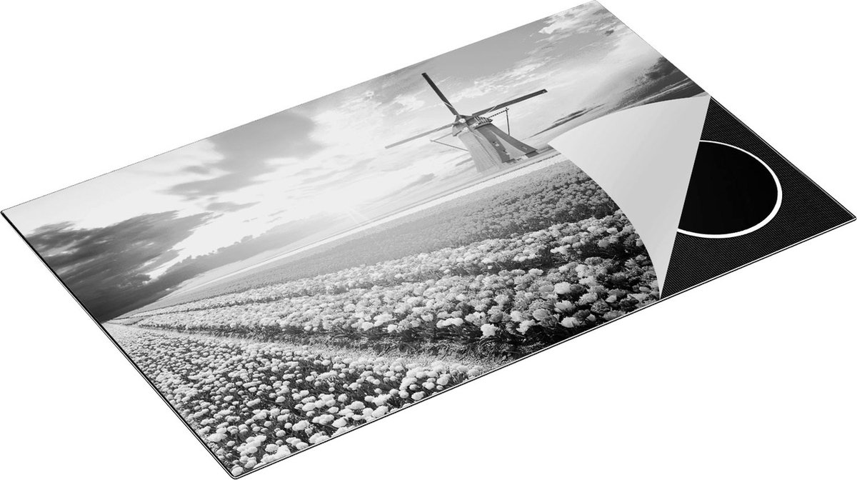 Chefcare Inductie Beschermer Kleurrijke Bloemenveld met een Windmolen - Zwart Wit - 85x55 cm - Afdekplaat Inductie - Kookplaat Beschermer - Inductie Mat