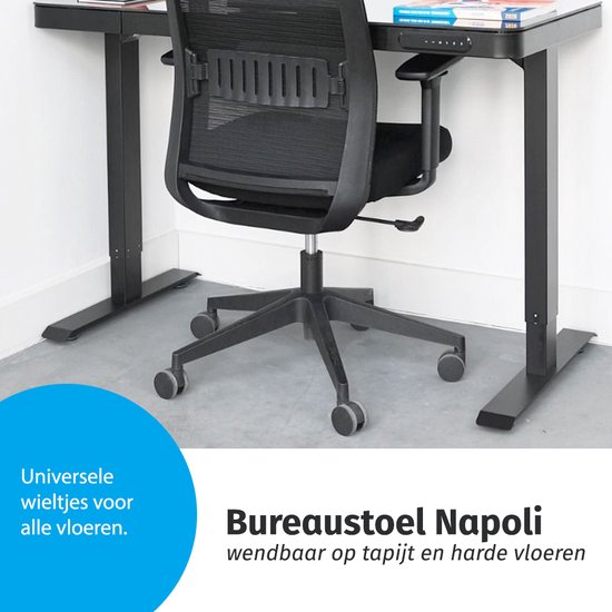 Zwarte bureaustoel Napoli met wieltjes, geschikt voor tapijt en harde vloeren.