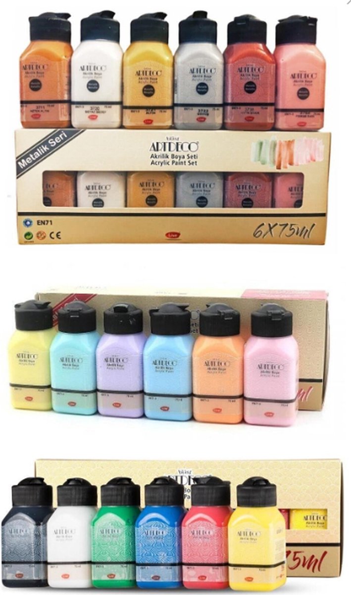 ArtDeco Acrylverf Compleet Set 18 x 75ml - 3 Set 18 Kleuren | 6 Pastel + 6 Metallic + 6 Standaard Kleuren | Hobbyverf - Acrylic Paint Set- Voordeelpack - Duuzaam