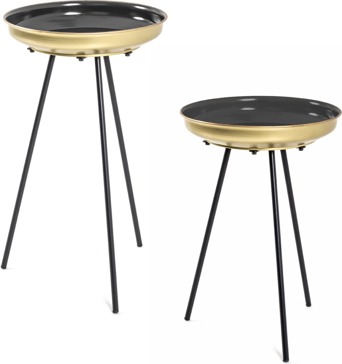 Set bijzettafels – Goud en zwart metaal – 38 cm breed, 38 cm diep, 66 cm hoog – Luxe duo