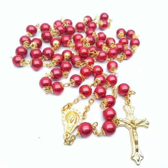 ICYBOY 18K Religieus Roze Parel Bedel Ketting met Jesus Kruis Pendant Verguld Goud [GOLD-PLATED] [ICED OUT] [50CM] - White Pearl Prayer Beads Rosary Necklace Gold Virgin Mary Pendant Jesus Cross Necklace for Christian Religion