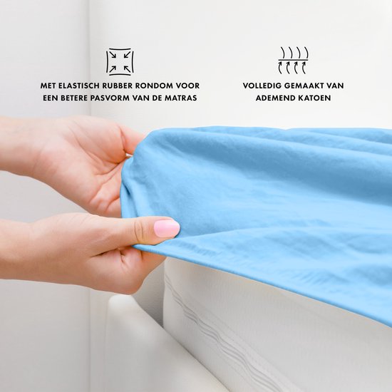 Handen tonen de rekbaarheid van een lichtblauw jersey hoeslaken.