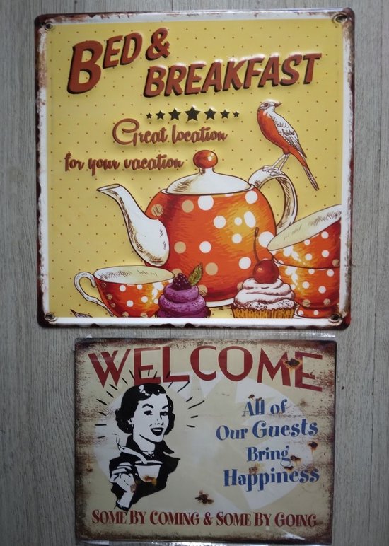 MadDeco Set Van 2 Blikken Bordjes Bed And Breakfast Welcome All maddeco-set-van-2-blikken-bordjes-bed-and-breakfast-welcome-all