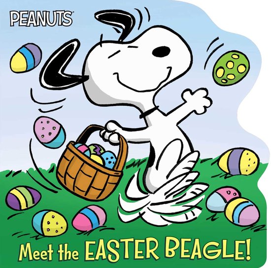 Snoopy als de Paashaas met een mand vol gekleurde eieren en PAASBEELDJES in de wei.