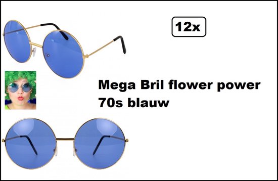 12x Mega bril flower power 70s blauw - John lennon bril beatles rond 70s and 80s disco peace flower power happy together toppers