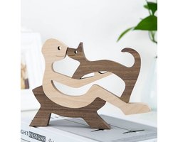 Houten beeldje - Natuurlijk hout - Beeld - Decoratief - Hout - Man - Hond – Stoel - A03