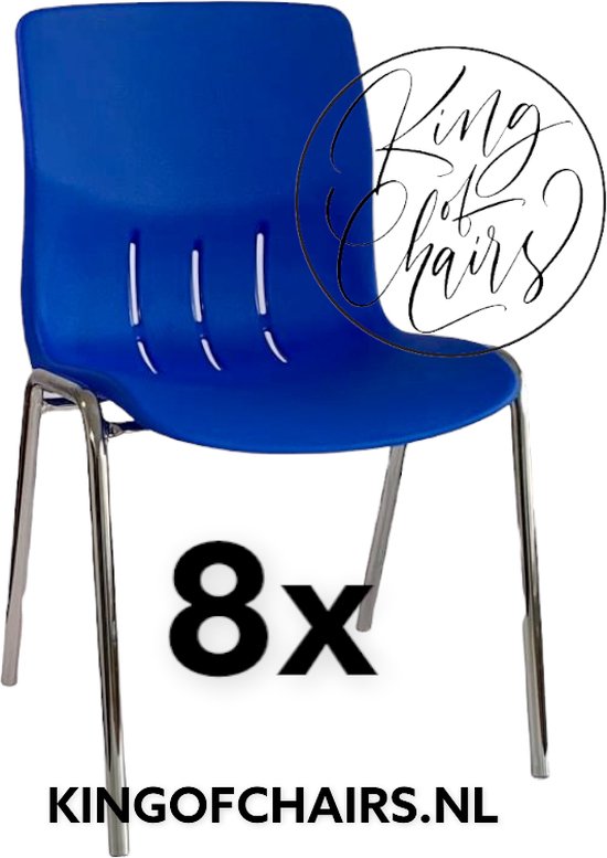 King of Chairs -set van 8- model KoC Denver blauw met verchroomd onderstel. Kantinestoel stapelstoel kuipstoel vergaderstoel tuinstoel kantine stoel stapel stoel Jolanda kantinestoelen stapelstoelen kuipstoelen stapelbare Napels eetkamerstoel