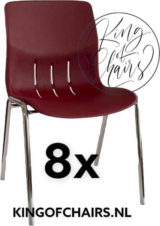 King of Chairs -set van 8- model KoC Denver bordeaux met verchroomd onderstel. Kantinestoel stapelstoel kuipstoel vergaderstoel tuinstoel kantine stoel stapel stoel Jolanda kantinestoelen stapelstoelen kuipstoelen stapelbare Napels eetkamerstoel