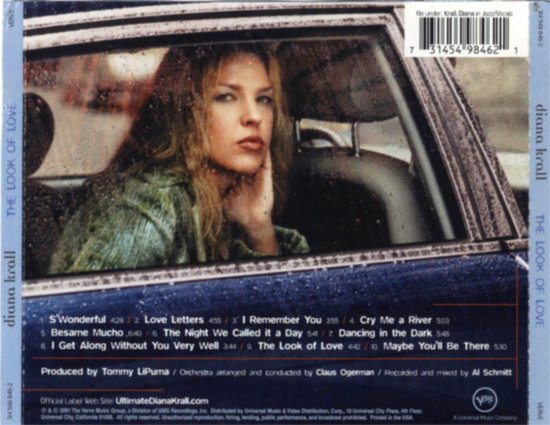 Diana Krall in een auto, kijkend door het raam, met de tekst 'The Look Of Love' en tracklist.