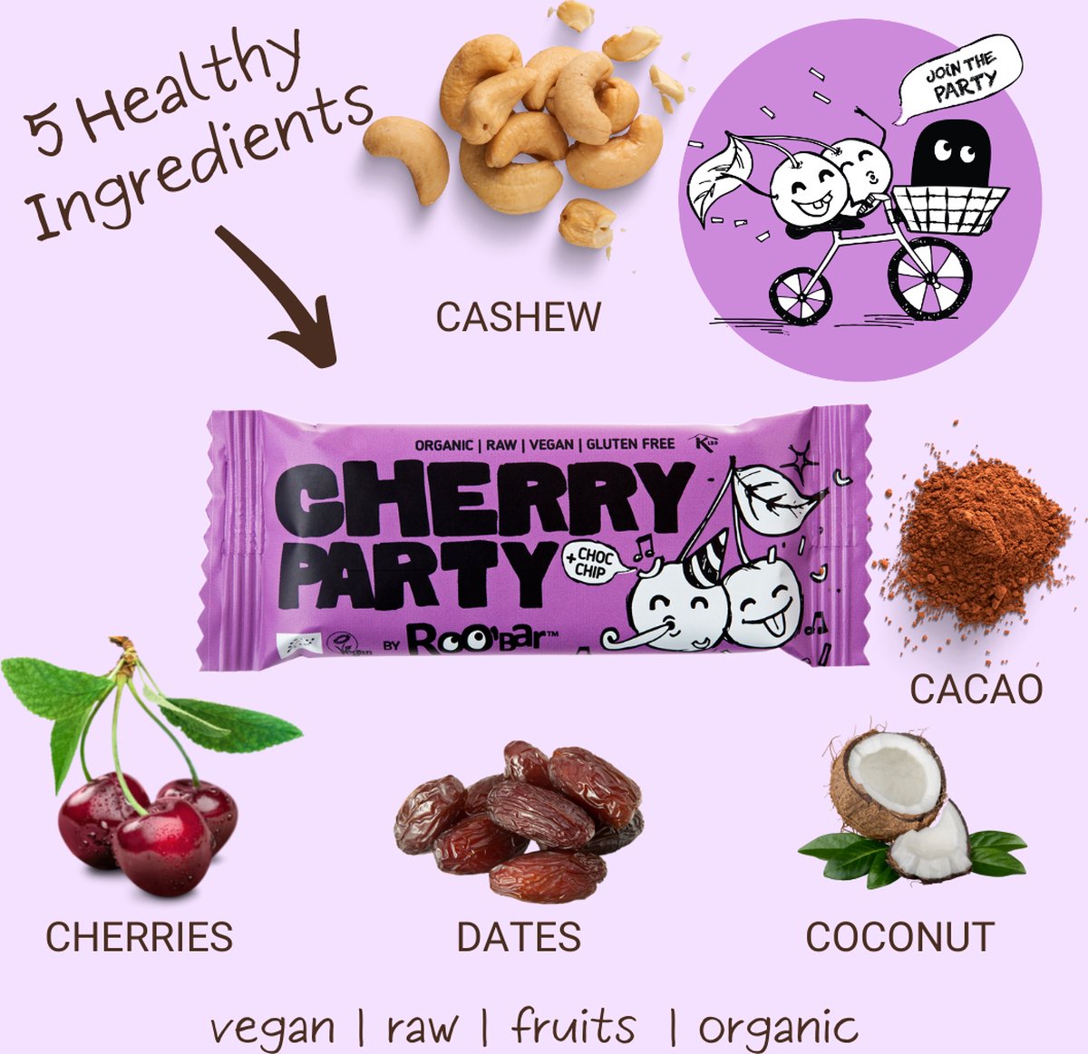 Roo'Bar | Nuts & Fruit | Cherry Party Bar | Box 20 stuks