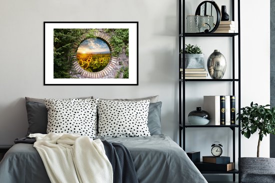 Cadre photo avec affiche - Tournesols - Vue à travers - Fleurs - Soleil - 90x60 cm - Cadre pour affiche