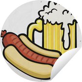 Tuincirkel Illustratie van een biertje met een broodje bratwurst - 90x90 cm - Ronde Tuinposter - Buiten