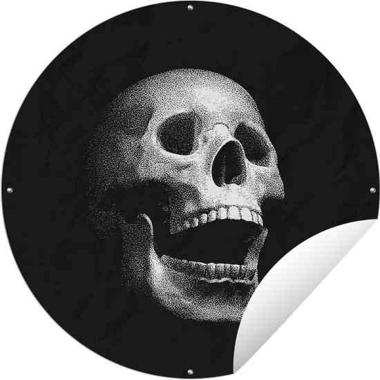 Tuincirkel Een zwart-wit illustratie van een natuurgetrouwe schedel - 60x60 cm - Ronde Tuinposter - Buiten