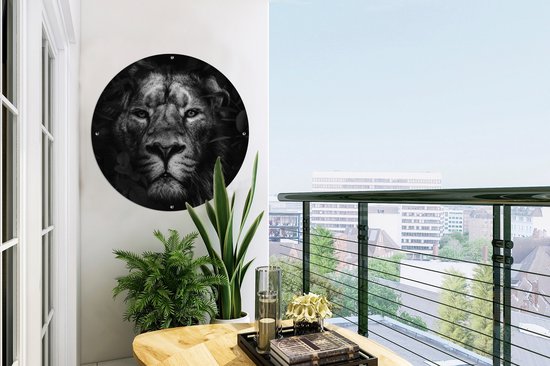 Garden Circle Plantes - Lion - Jungle - Zwart - Wit - 60x60 cm - Affiche de Jardin Ronde - Extérieur