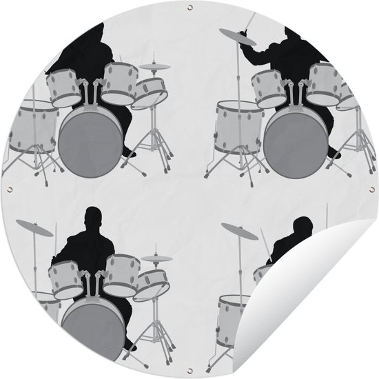 Tuincirkel Vier illustraties van iemand achter een drumstel in zwart-wit - 120x120 cm - Ronde Tuinposter - Buiten XXL / Groot formaat!