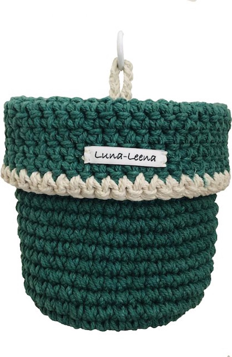 Leena-Leena duurzaam hangmandje - katoen - groen - hand gehaakt in Nepal - opberger - plantenmand - plantenhanger - kinderkamer - kamerdecoratie - hanging basket - balkonhanger - moederdag