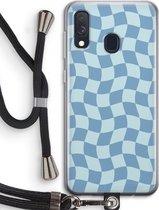Case Company® - Hoesje met koord geschikt voor Samsung Galaxy A40 hoesje met Koord - Grid Blauw - Telefoonhoesje met Zwart Koord - Bescherming aan alle Kanten en Over de Schermrand