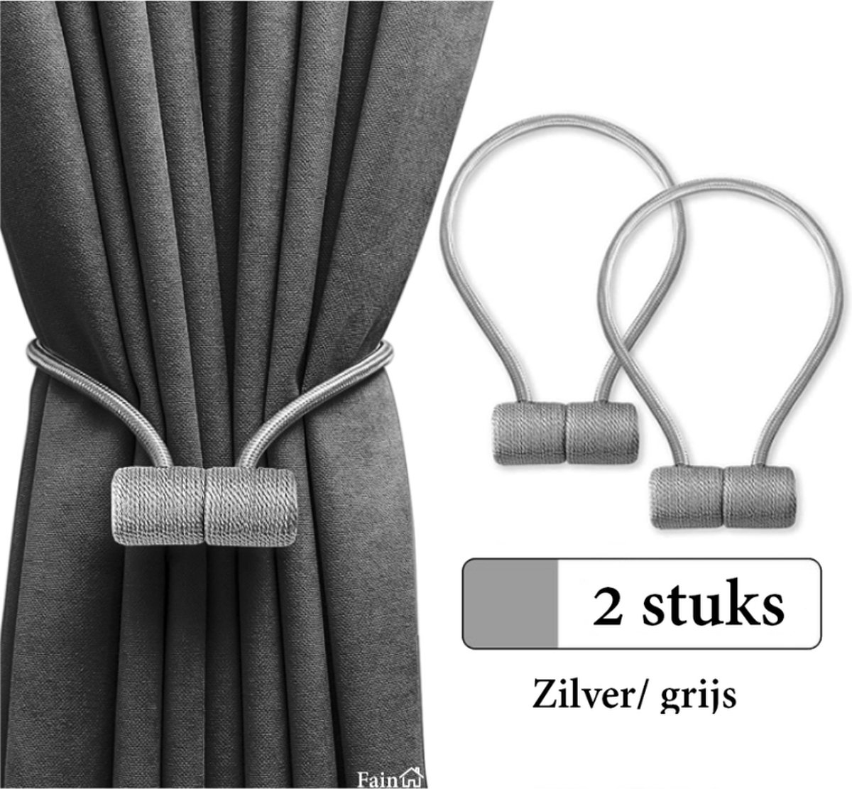 Fain® Luxe Gordijn Embrasse – 2 stuks – Grijs / zilver – Vierkante vorm – Gordijnhouders - Embrasses voor Gordijnen - Gordijn Embrasse Haak - Magnetisch Gordijnkoord - 43 cm Lang