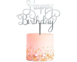 Happy Birthday TaartTopper Zilver TaartDecoratie Cake Topper Taart Topper Decoratie Verjaardag Versiering – 1 Stuk