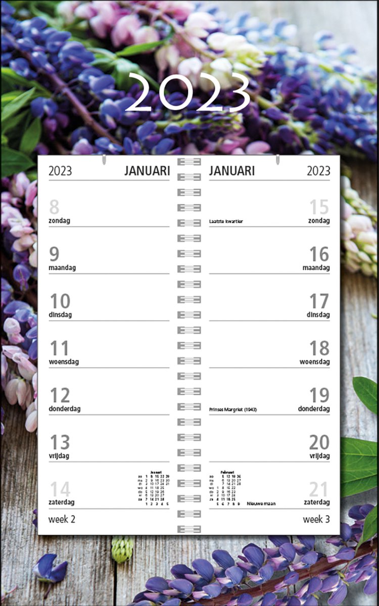 MGPcards - Omleg-weekkalender 2023 - Week begint op Zondag - Bloemen - Paars