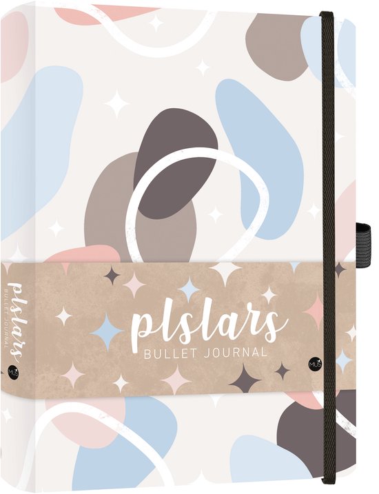 Plslars Bullet Journal met een abstract patroon in pastelkleuren zoals lichtblauw, roze en bruin met witte sterretjes.