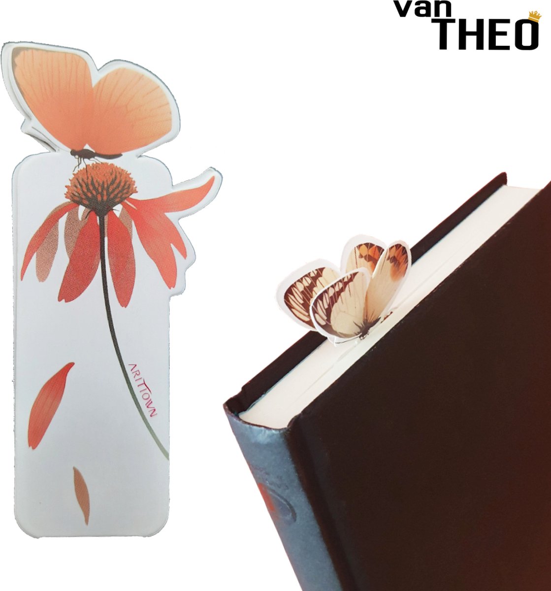 van Theo® Boekenlegger Vlinder & Bloem – Bladwijzer - Bookmark – Kaartje – Goudsbloem - Kleine Cadeautjes
