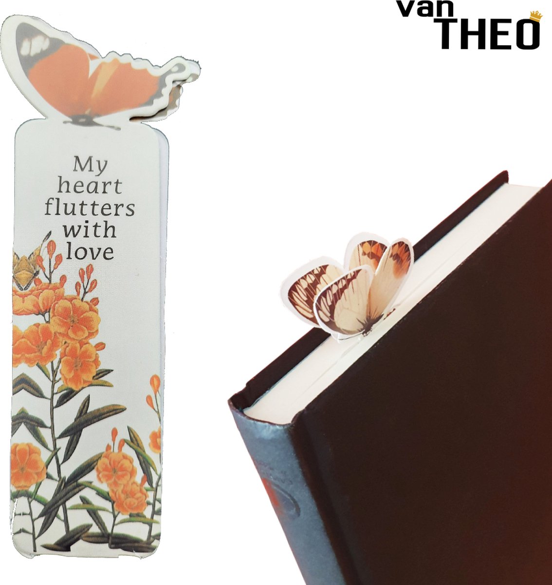 van Theo® Boekenlegger Vlinder & Bloem – Bladwijzer - Bookmark – Kaartje – Classic Oranje - Kleine Cadeautjes