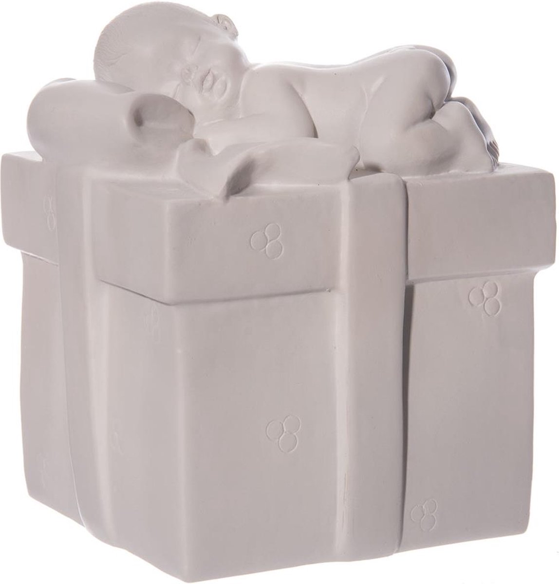 beeldje baby op een cadeau voor geboortefeest of babyshower beeldje wit polystone