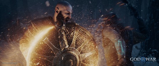 Kratos met zijn schild op gloeiende strijd.