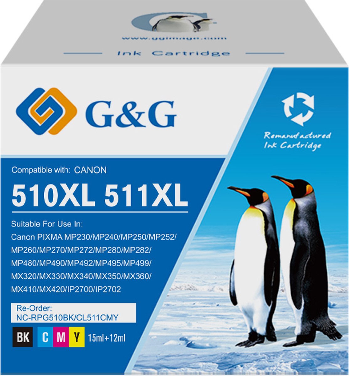 G&G 510XL 511XL inktcartridges compatibel met Canon PG-510XL CL-511XL Hoge Capaciteit / 2-pack Zwart en Kleur