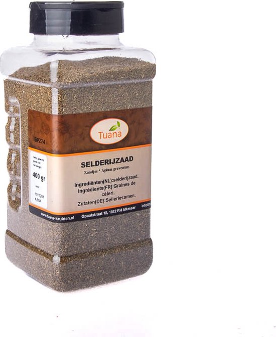 Strooibus met Tuana selderijzaad, 400 gram. De bus is doorzichtig met een zwart deksel.