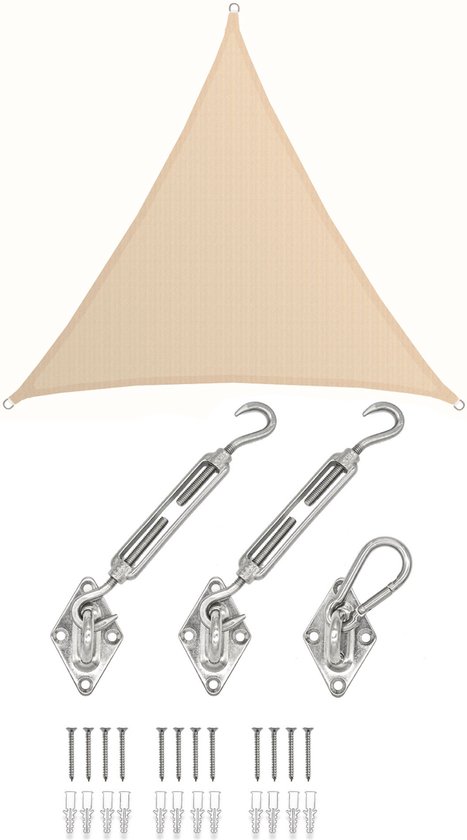 Voile d'ombrage triangulaire beige avec tendeurs en acier, platines à œillet et vis pour fixation.