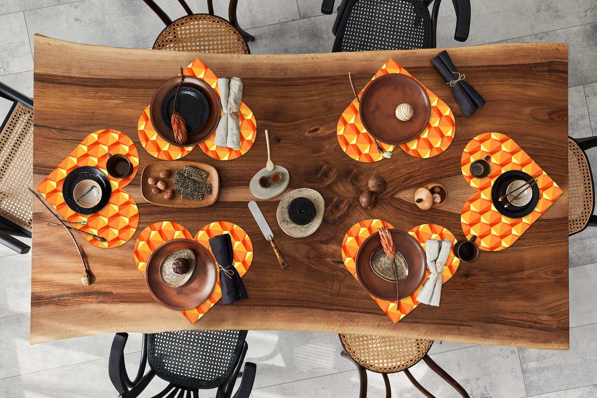 Onderleggers - Placemats - Placemats hartje - Oranje - Patronen - 3D - 6 stuks