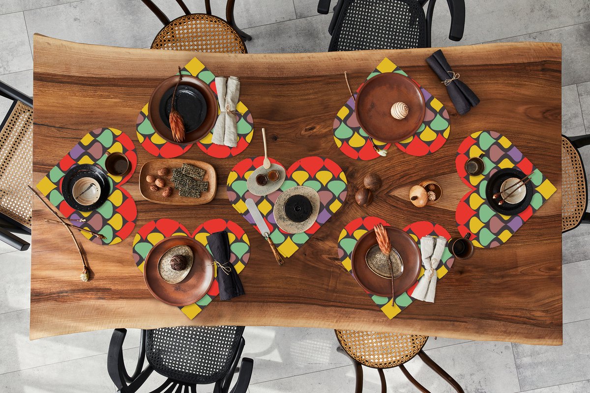 Onderleggers - Placemats - Placemats hartje - Vintage - Retro - Kleuren - Patronen - 8 stuks