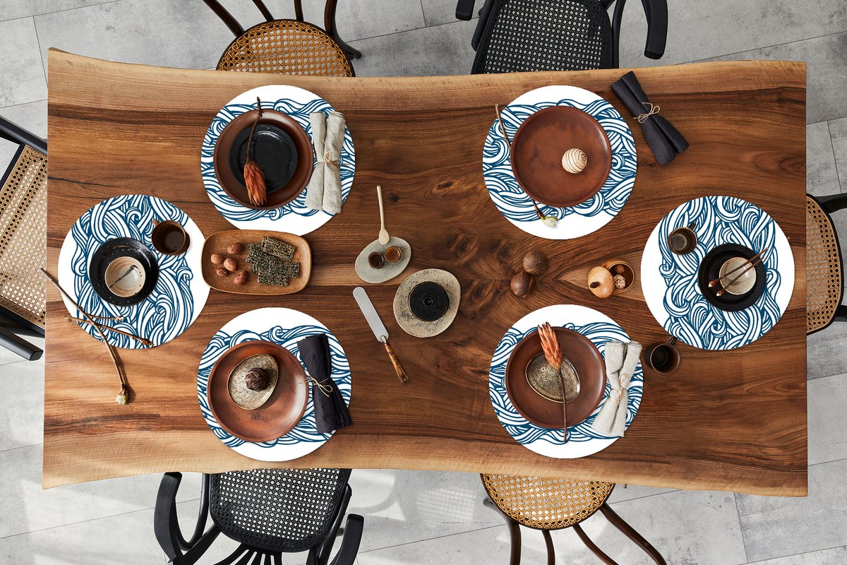 Ronde placemats - Onderlegger - Placemats rond - Patroon - Golven - Zee - 6 stuks