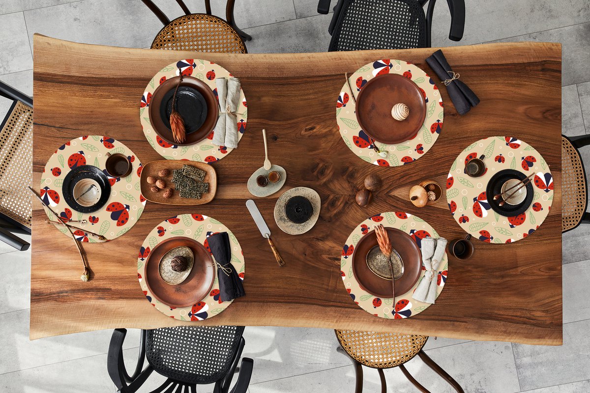 Ronde placemats - Onderlegger - Placemats rond - Lieveheersbeestje - Bladeren - Design - 6 stuks