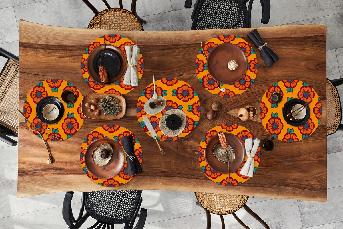 Ronde placemats - Onderlegger - Placemats rond - Design - Retro - Rozen - Oranje - 8 stuks