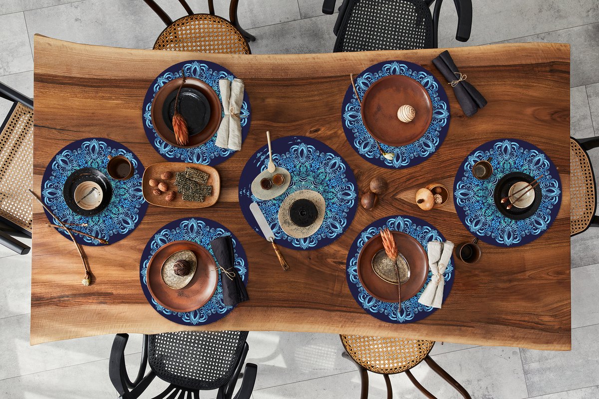 Ronde placemats - Onderlegger - Placemats rond - Mandala - Blauw - Patronen - 10 stuks