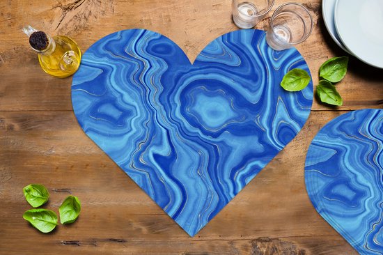 Onderleggers - Placemats - Placemats hartje - Marmer print - Blauw - Patroon - 6 stuks