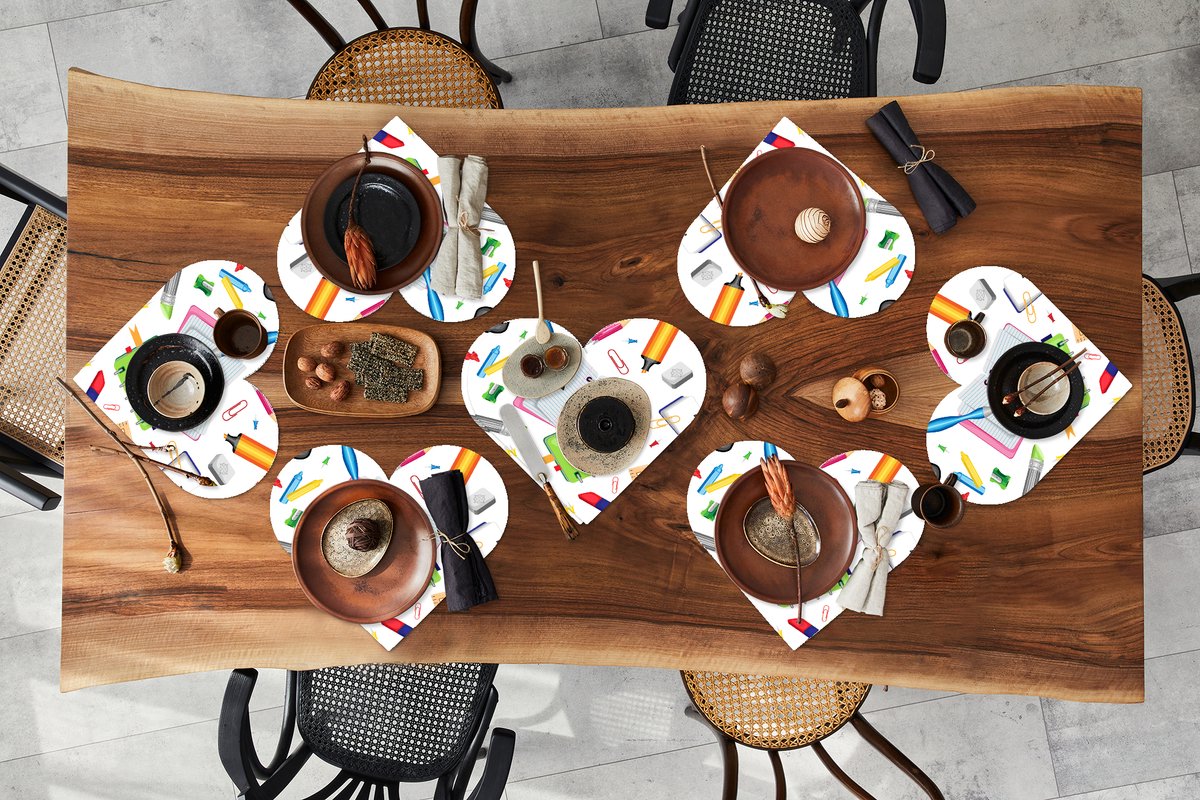 Onderleggers - Placemats - Placemats hartje - Patroon - School - Potlood - 8 stuks