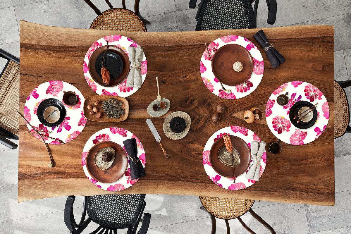 Ronde placemats - Onderlegger - Placemats rond - Bloemen - Roze - Patroon - 6 stuks