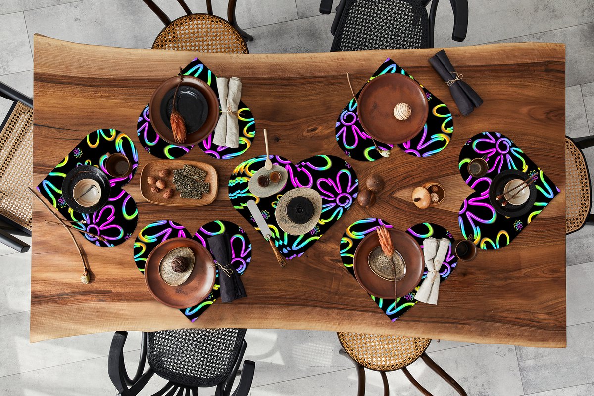 Onderleggers - Placemats - Placemats hartje - Bloemen - Neon - Patronen - Psychedelisch - 10 stuks
