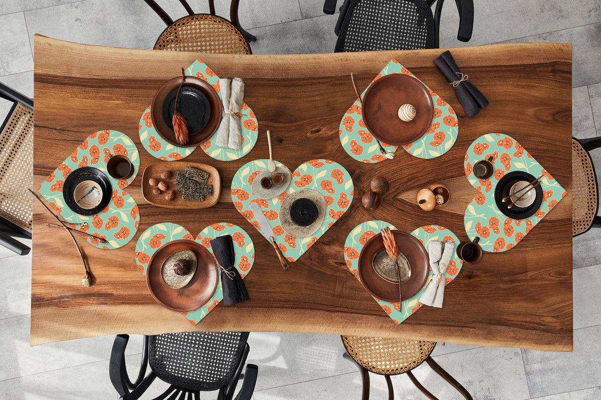 Onderleggers - Placemats - Placemats hartje - Retro - Bloemen - Design - Oranje - 8 stuks