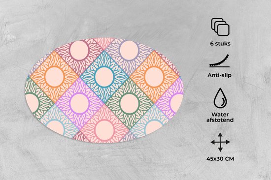 Placemats ovaal - Onderleggers - Ovale placemats - Zonnebloem - Ruit - Patronen - 6 stuks